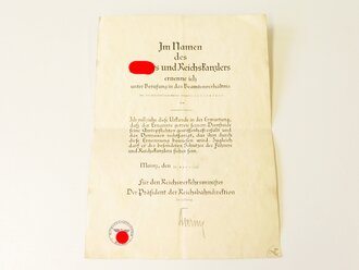 Reichsbahn, Ernennung in das Beamtenverhältnis für einen Lokomotivheizer, Großformatig, datiert 1939, gefaltet