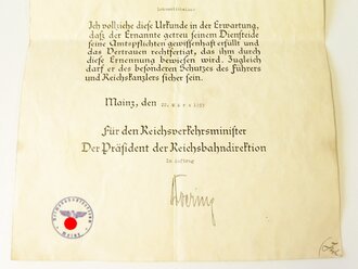 Reichsbahn, Ernennung in das Beamtenverhältnis für einen Lokomotivheizer, Großformatig, datiert 1939, gefaltet