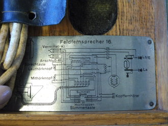 1. Weltkrieg, Feldfernsprecher 16, Optisch gut, Funktion nicht geprüft. Mit der fast immer fehlenden Vermittlungsschnur