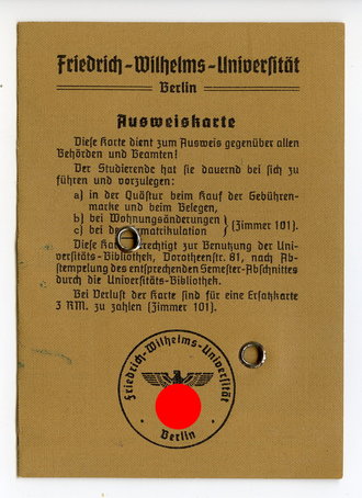 Ausweiskarte für ein Mitglied der Deutschen Studentenschaft der Friedrich Wilhelms Universität in Berlin