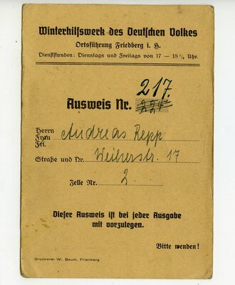 Winterhilfswerk des Deutschen Volkes, Ausweis datiert 1942