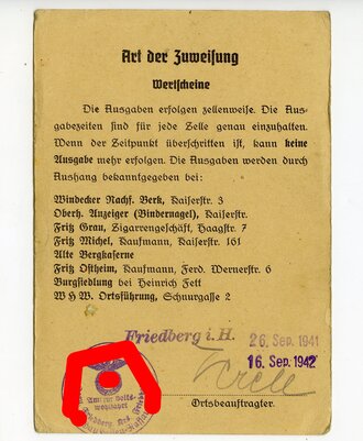 Winterhilfswerk des Deutschen Volkes, Ausweis datiert 1942