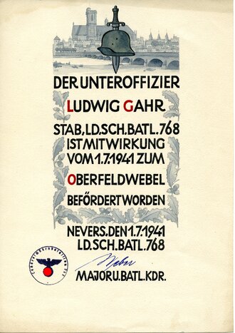Beförderungsurkunde zum Oberfeldwebel bei Landes Schützen Batl. 768 datiert 1941.