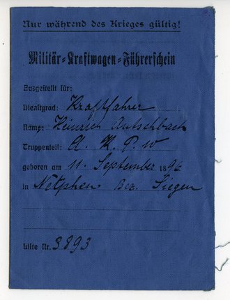 Militär Kraftwagen Führerschein Nr. 3893 datiert 1918