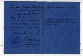 Militär Kraftwagen Führerschein Nr. 3893 datiert 1918