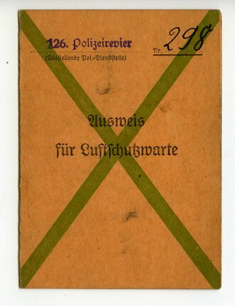 Ausweis für Luftschutzwarte eines Angehörigen aus Berlin, ausgestellt 1941