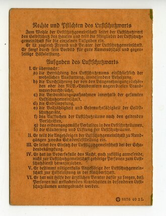 Ausweis für Luftschutzwarte eines Angehörigen aus Berlin, ausgestellt 1941