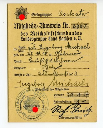 Mitglieds Ausweis Reichsluftschutzbund Landesgruppe Sachsen