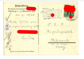 Propaganda Postkarte Reichsparteitag Nürnberg 1936, am Parteitag abgestempelt und gelaufen