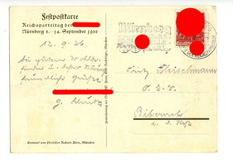 Propaganda Postkarte Reichsparteitag Nürnberg 1936, am Parteitag abgestempelt und gelaufen