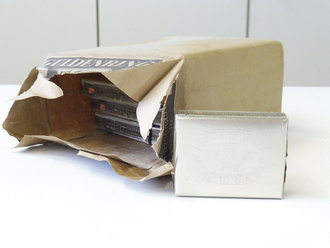 Schachtel Zigaretten " Güldenring Mundstück Fugendicht verpackt" ungeöffnet , Steuerbanderole mit Hakenkreuz, aus der originalen Umverpackung