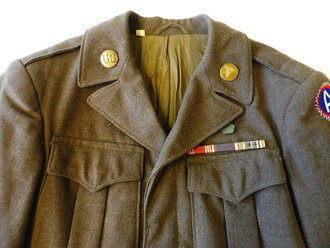 U.S. Army June 1944 dated Jacket, Field, wood OD ( Ike jacket ) size 34 L,  3rd Army member, Bronze star and purple heart, two years of service overseas ( 4 overseas servive bars, each for 6 months)