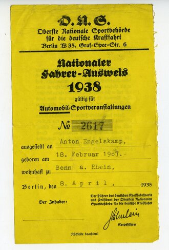 Nationaler Fahrerausweis 1938 für Automobil...