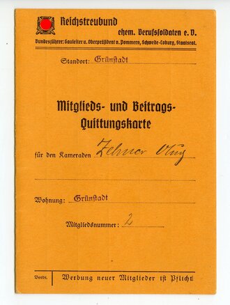 Reichstreubund ehem. Berufssoldaten e.V. Mitglieds- und Beitrags Quittungskarte