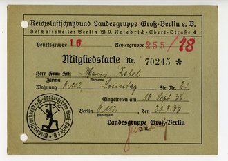 Reichsluftschutzbund Landesgruppe Groß-Berlin Mitgliedskarte 1933