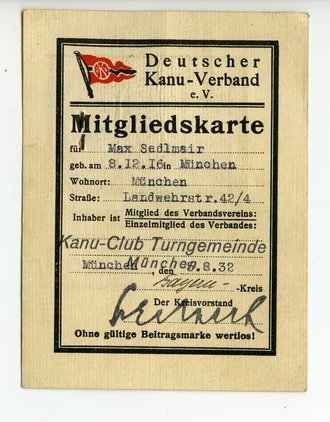 Deutscher Kanu Verband Mitgliedskarte München 1932