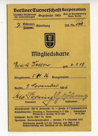 Berliner Turnerschaft Mitgliedskarte 1936