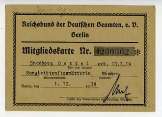 Reichsbund der Deutschen Beamten Berlin, Mitgliedskarte einer Angehörigen aus München 1938