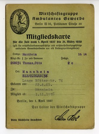 Wirtschaftsgruppe Ambulantes Gewerbe, Mitgliedskarte 1936