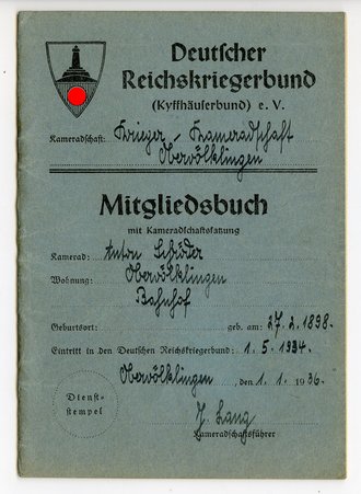 Deutscher Reichskriegerbund ( Kyffhäuserbund) Mitgliedsbuch  1936