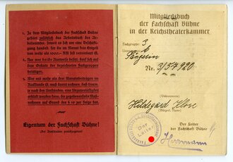 Mitgliedsbuch der Fachschaft Bühne in der  Reichstheaterkammer einer Sängerin 1933