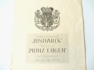 Schlachtschiff "Bismarck" und Kreuzer "Prinz Eugen" bei Grönland am 24. Mai 1941. Gedenkheft 8 Seiten etwa DIN A3