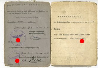 Deutsche Reichsbahn Führerschein eines italienischen Staatsangehörigen von 1943, dazu ein Mitgliedsausweis der "Fakulta" von 1943