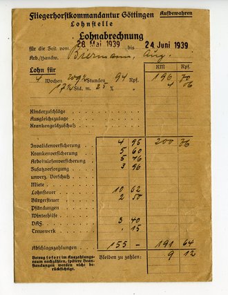 Lohntüte der " Fliegerhorstkommandantur Göttingen " vón 1939