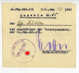 Ausweis eines Angehörigen der Panzer Jäger Abteilung 101 von 1945
