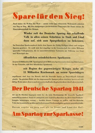 Werbeblatt zum Deutschen Spartag 1941 " Spare für den Sieg !"
