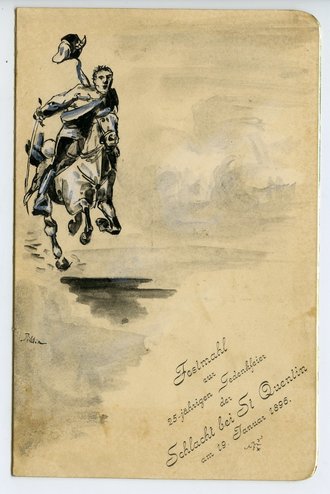 Speisenfolge beim "Festmahl zur 25jährigen Gedenkfeier der Schlacht bei St.Quentin 1896" Maße 11 x 17cm