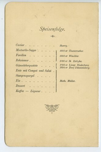 Speisenfolge beim "Festmahl zur 25jährigen Gedenkfeier der Schlacht bei St.Quentin 1896" Maße 11 x 17cm