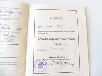 BRD, Urkundenheft zum Landessportabzeichen in gold , Verliehen 1951 an eine Frau aus Mannheim