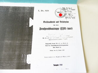 REPRODUKTION, L.Dv.939 Gerätnachweis und Beladeplan für einen Fernsprechbautrupp (FFR) (mot), Ausgabe 1940, A5, 61 Seiten