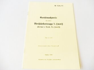 REPRODUKTION, D726/1 Gerätnachweis für einen Verstärkertrupp b (mot), datiert 1937/40, A5, 11 Seiten