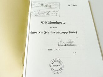 REPRODUKTION, D708 Gerätnachweis für einen schweren Fernsprechtrupp (mot), datiert 1935/36, A5, 41 Seiten