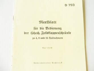 REPRODUKTION, D793 Merkblatt für die Bedienung der tschech. Feldklappenschränke zu 4, 8 und 15 Teilnehmern, datiert 1939/41, A5, 4 Seiten