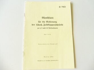 REPRODUKTION, D793 Merkblatt für die Bedienung der tschech. Feldklappenschränke zu 4, 8 und 15 Teilnehmern, datiert 1939/41, A5, 4 Seiten