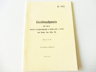 REPRODUKTION, D701 Gerätnachweis für einen kleinen Fernsprechtrupp b (mot) und c (mot) mit Nachr. kw. (Kfz 15), datiert 1938/39, A5, 45 Seiten