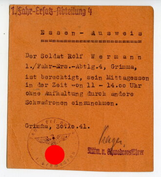 Essen-Ausweis 1. Fahr-Ersatz-Abteilung 4, datiert 1941