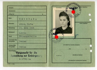 Vorläufige Kennkarte einer Polin, Vorgemerkt für die Anmeldung zur Einbürgerung