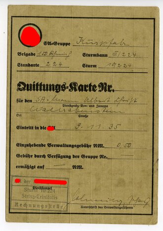 SA Quittungskarte für 1935/6