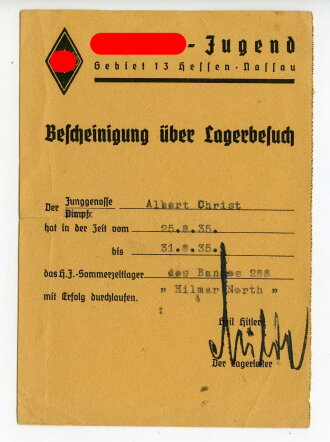 HJ, Gebiet 13 Hessen-Nassau, Bescheinigung über Lagerbesuch, datiert 1935