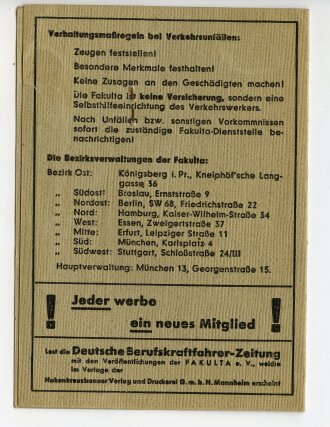 Mitgliedsausweis Fakulta E.V., datiert 1942