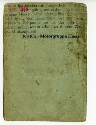 Ausländer Betriebsberechtigungsschein, Motorgruppe Hessen, datiert 1943