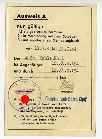 Ausweis A eines Angehörigen des 12./A.R.194, datiert 1944