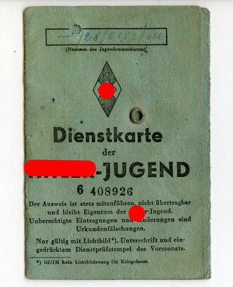 Dienstkarte der Hitler Jugend von 1944 eines Angehörigen aus Marienbad, Lichtbild wurde entfernt