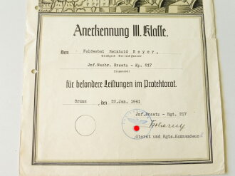 Urkundennachlass eines Infanteristen, unter anderem Anerkennungsurkunden der II. und III. Klasse für besondere Leistungen im Protektorat