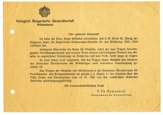 Bulgarien 2. Weltkrieg, Verleihungsurkunde für die Bulgarische Kriegserinnerungsmedaille datiert 1938. Dazu die Medaille sowie zwei weitere Dokumente