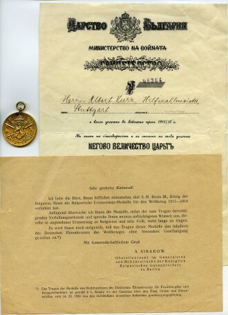 Bulgarien 2. Weltkrieg, Verleihungsurkunde für die Bulgarische Kriegserinnerungsmedaille datiert 1938. Dazu die Medaille sowie ein weiteres Dokumente